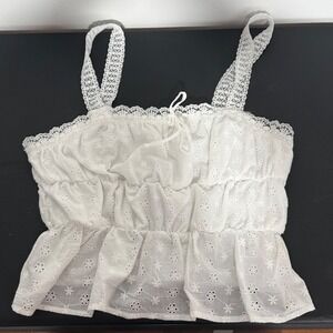 Dizzy Lizzy White Eyelet Cotton Lace Trim Babydoll Camisole Top XL Cottagecore